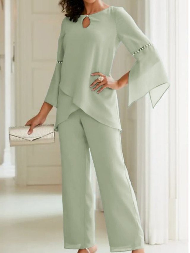  Two Piece Jumpsuit / Pantsuit Mother of the Bride Dress Wedding Guest Elegant Simple Scoop Neck Ankle Length Chiffon Long Sleeve with Buttons Solid Color 2024