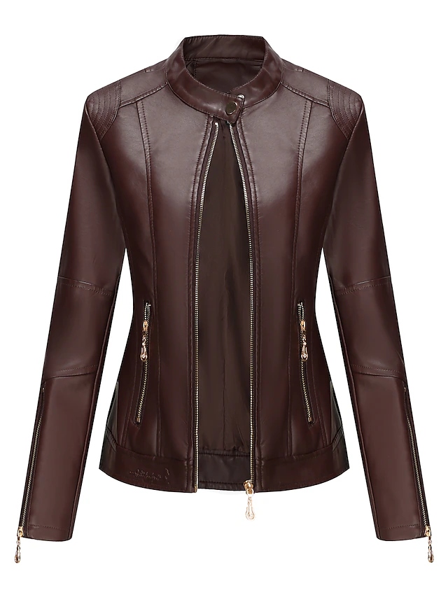 Women's Faux Leather Jacket Active Sports Casual Pocket Street Daily ...