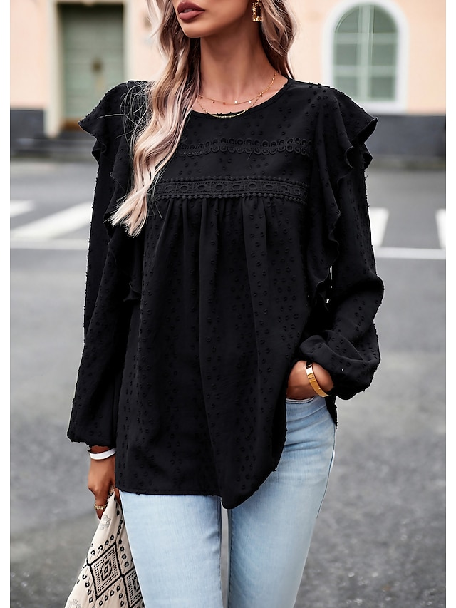  Shirt Lace Shirt Blouse Women's Black White Blue Solid / Plain Color Ruffle Puff Sleeve Daily Fashion Round Neck Regular Fit S