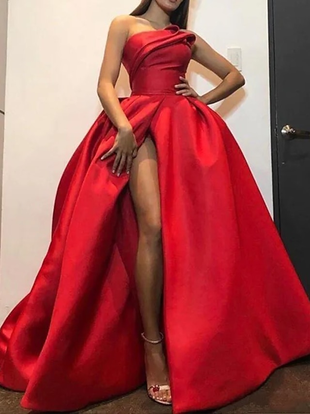  Ball Gown A-Line Evening Gown Party Dress Red Green Dress Wedding Guest Prom Floor Length Short Sleeve Halter Neck Belt / Sash Satin Backless V Back with Pleats Ruched Appliques 2024