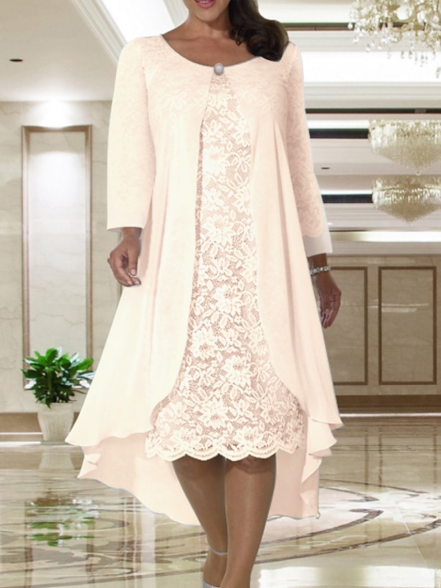  Beach Wedding Two Piece A-Line Mother of the Bride Dress Wedding Guest Elegant Plus Size Jewel Neck Tea Length Chiffon Lace Short Sleeve Jacket Dresses with Solid Color free custom size