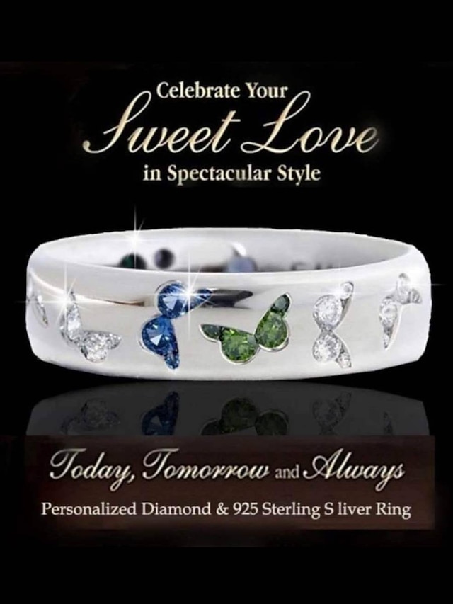  rhinestone butterfly ring for women teen girls, elegant silver plated cubic zircon engagement ring, birthday anniverstay jewelry gift (blue, 6)