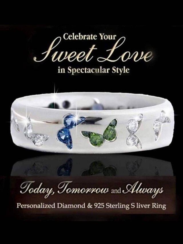 rhinestone butterfly ring for women teen girls, elegant silver plated cubic zircon engagement ring, birthday anniverstay jewelry gift (blue, 6) 8