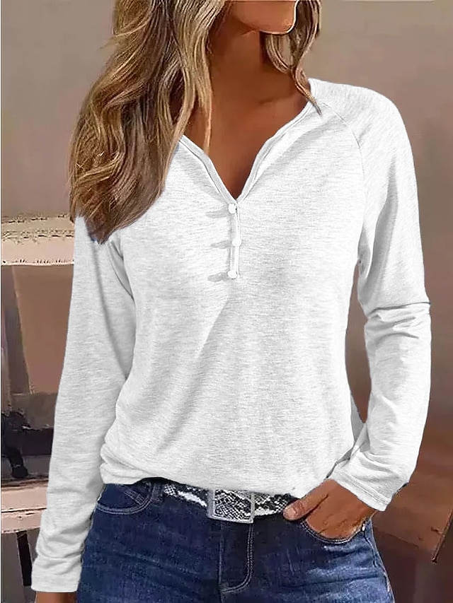  Damen T Shirt Henley Shirt Glatt Taste Täglich Wochenende Elegant Modisch Basic Langarm V Ausschnitt Schwarz Herbst Winter