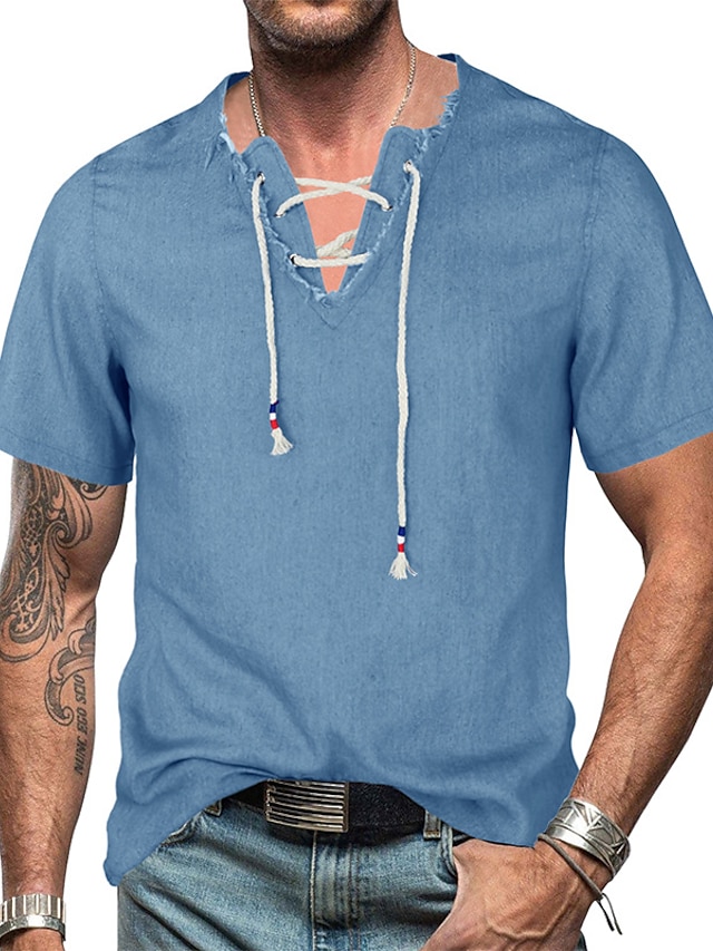  Men's Shirt Casual Shirt Summer Shirt Beach Shirt Jeans Shirt Blue Dark Blue Light Blue Short Sleeve Plain V Neck Daily Vacation Drawstring Clothing Apparel Fashion Casual Comfortable