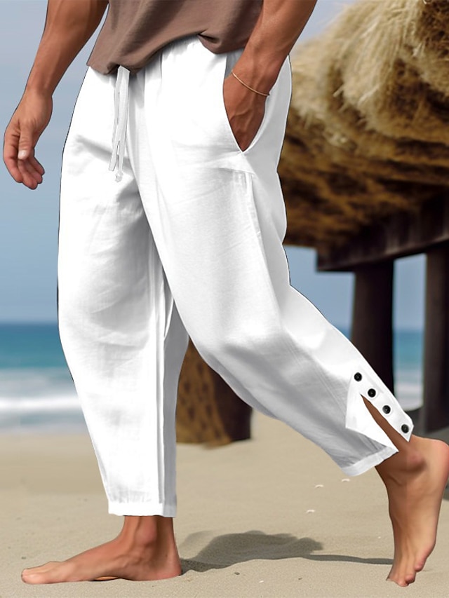  Men's Linen Pants Trousers Summer Pants Beach Pants Button Drawstring Elastic Waist Plain Comfort Breathable Full Length Casual Daily Holiday Linen / Cotton Blend Fashion Classic Style White Army
