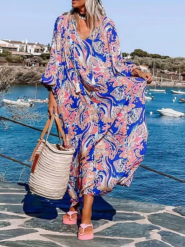  Femme Cachemire Franges Imprimer Col V Robe longue maxi Hawaïen du quotidien Vacances manche longue Eté Printemps