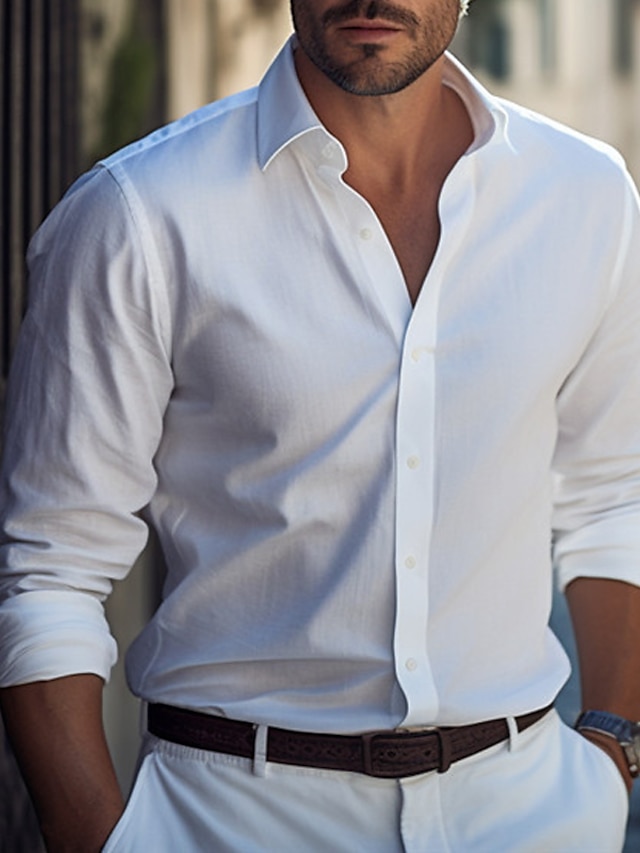  Men's Shirt Dress Shirt Light Blue Black White Long Sleeve Plain Lapel Spring &  Fall Business Casual Clothing Apparel