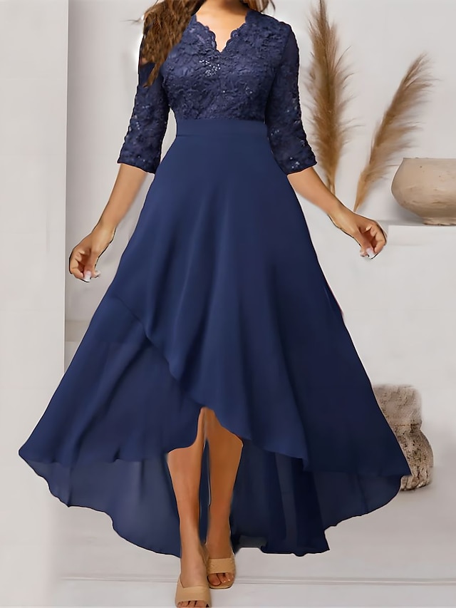 Women's Formal Party Dress Lace Dress Maxi long Dress Navy Blue 3/4 ...