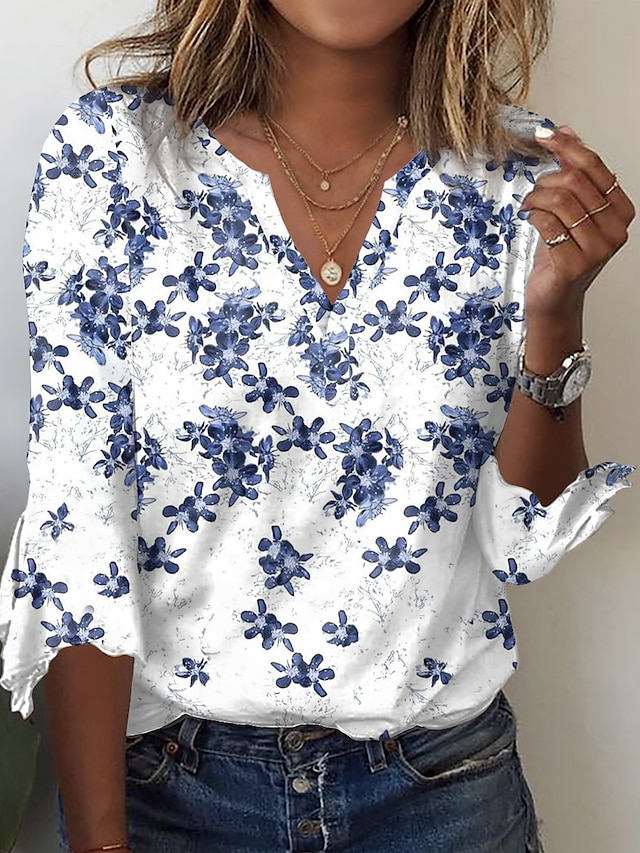  Dame T skjorte Henly-skjorte Blomstret Ferie Helg Trykt mønster Svart 3/4 ermer Daglig Grunnleggende V-hals Høst vinter