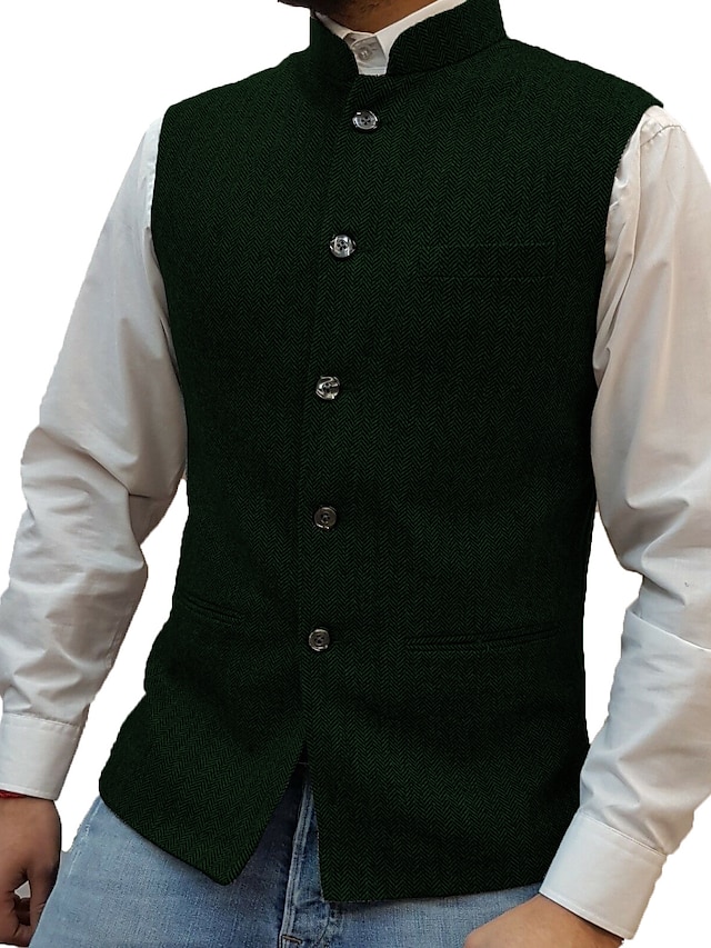  Men's Tweed Casual Business Vests Lightweight Waistcoat Solid Color Tailored Fit Single Breasted Five-buttons Silver Black Red 2024