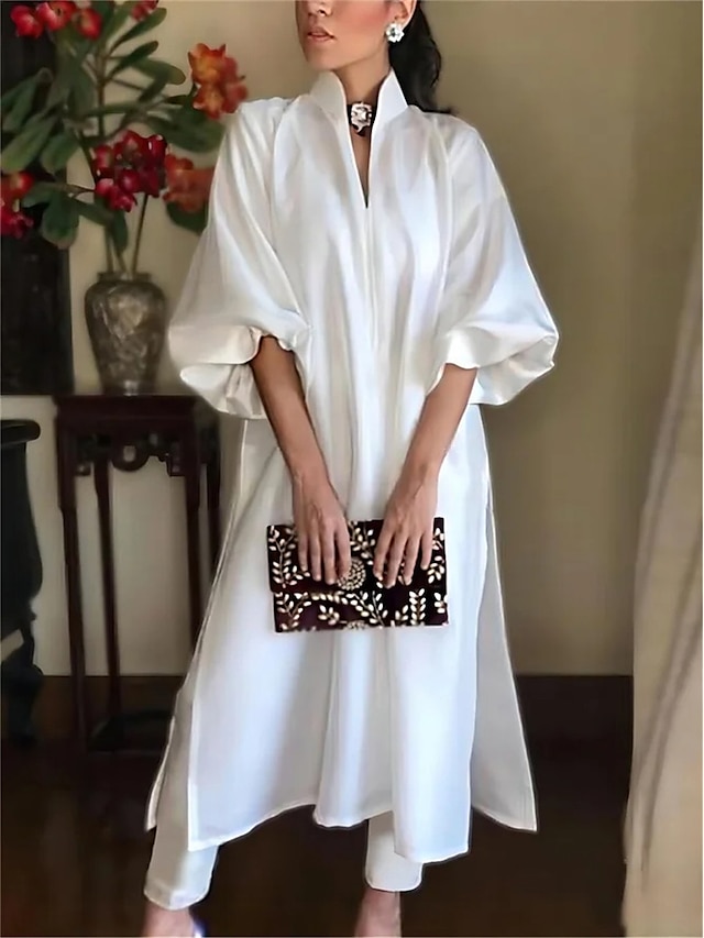  Robe mi-longue Femme robe blanche Manches 3/4 Eté Printemps Automne - Mode Moderne Mature Fendu Couleur monochrome Vacances Ample 2023 Blanche S M L XL XXL 3XL