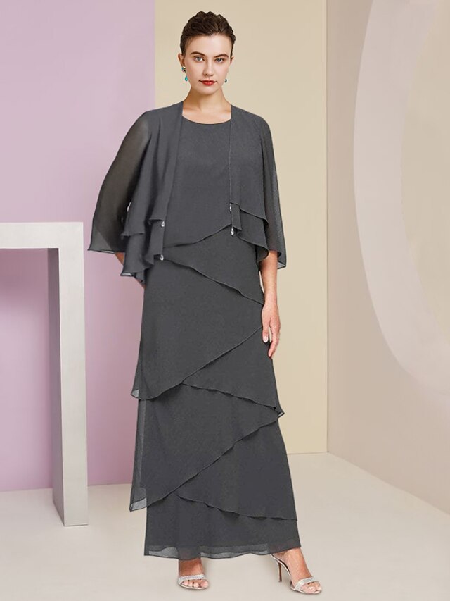 Sheath / Column Mother of the Bride Dress Formal Wedding Guest Party Elegant Scoop Neck Floor Length Chiffon Lace 3/4 Length Sleeve with Bow(s) Appliques main image 1