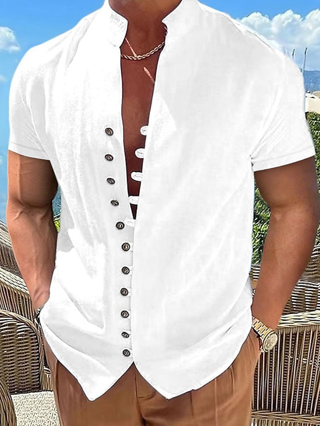  Men's Linen Shirt Summer Shirt Beach Shirt Black White Pink Short Sleeve Plain Stand Collar Spring & Summer Hawaiian Holiday Clothing Apparel Basic