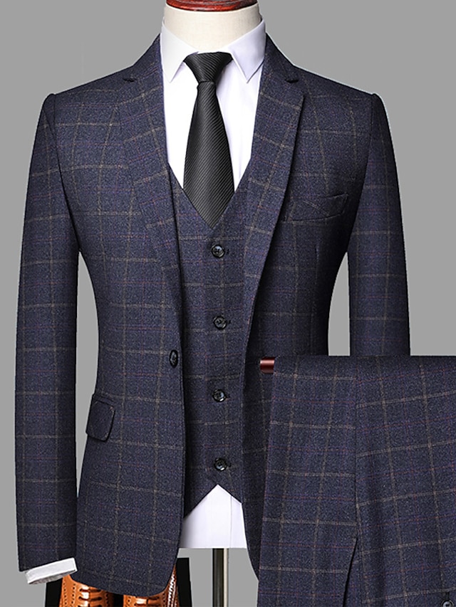 férfi tweed esküvői öltöny 3 részes kockás kockás szabott egymellű egygombos őszi/téli fekete királykék 2024