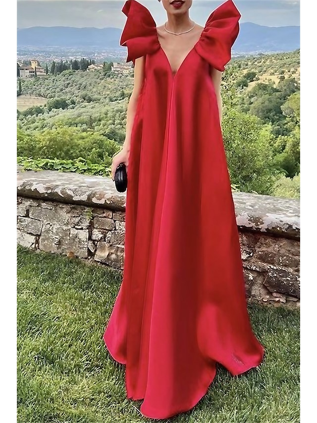  βραδινό φόρεμα σε γραμμή γαμήλιο φόρεμα καλεσμένων κόκκινο πράσινο φόρεμα επίσημο νυφικό σκούπισμα / πινέλο τρενάκι αμάνικο v λαιμό charmeuse με πιέτες 2024
