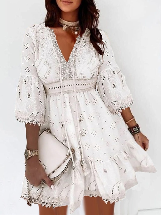  Women's Casual Dress Cotton Dress White Lace Wedding Dress Mini Dress Cotton Ruffle Embroidered Casual Daily Vacation V Neck 3/4 Length Sleeve Summer Spring Fall White Apricot Plain