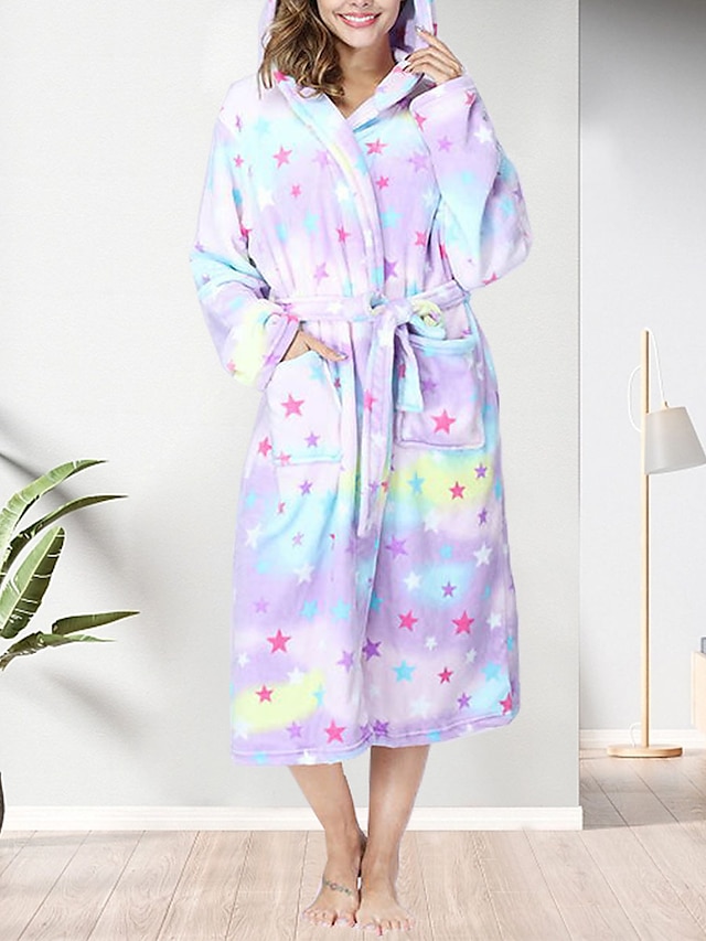  Women's Fleece Robe Bathrobe Pajama Fluffy Fuzzy Robes Gown Star Simple Casual Soft Home Daily Bed Polyester Warm Hoodie Long Sleeve Fall Winter Black Purple