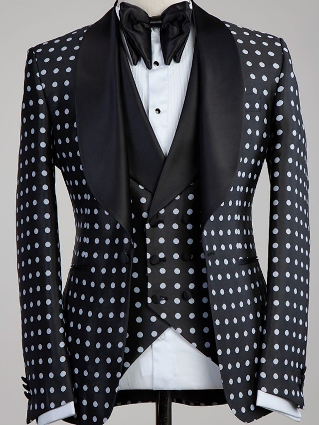  Black Men's Wedding Suits 3 Piece Polka Dot Tailored Fit Single Breasted One-button 2024