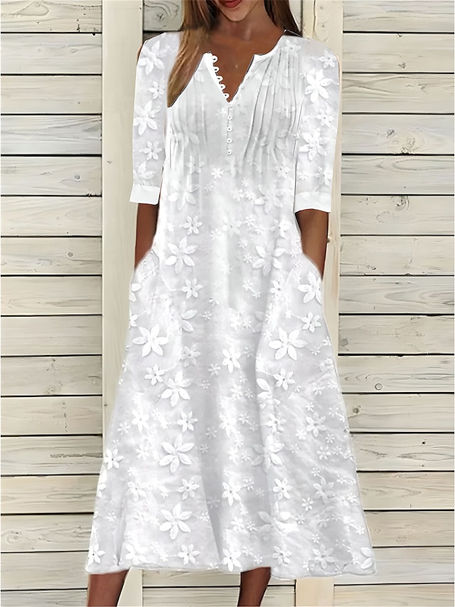 Women's Cotton Linen Dress Casual Dress Midi Dress Cotton Casual Mature ...