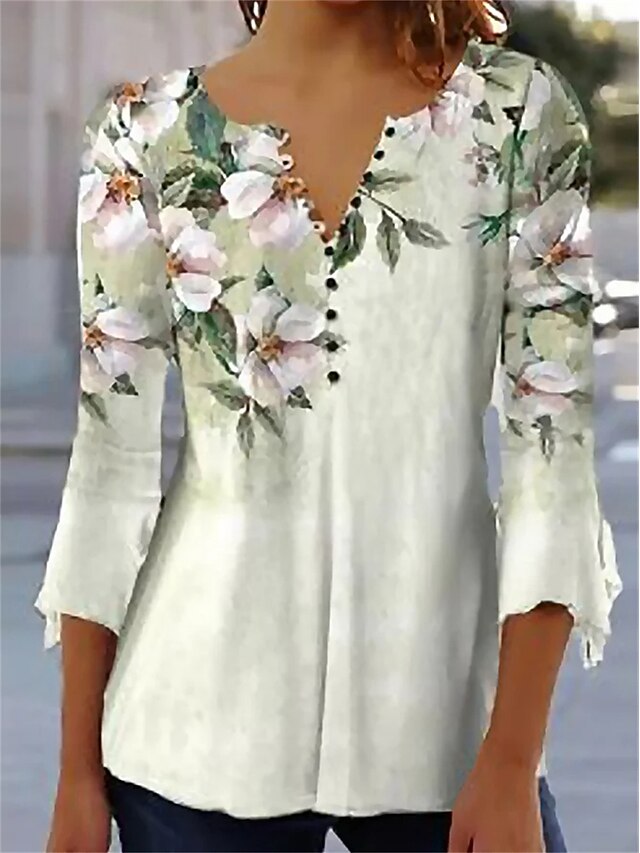 Women's T Shirt Daily Basic Floral Print 3/4 Length Sleeve Regular Tops Round Neck Casual Holiday Green Fall & Winter4
