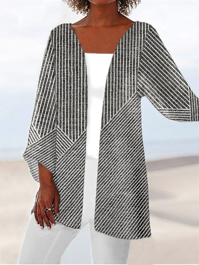 Women's Jacket Casual Jacket Outdoor Print Stripes Comfortable Designer ...