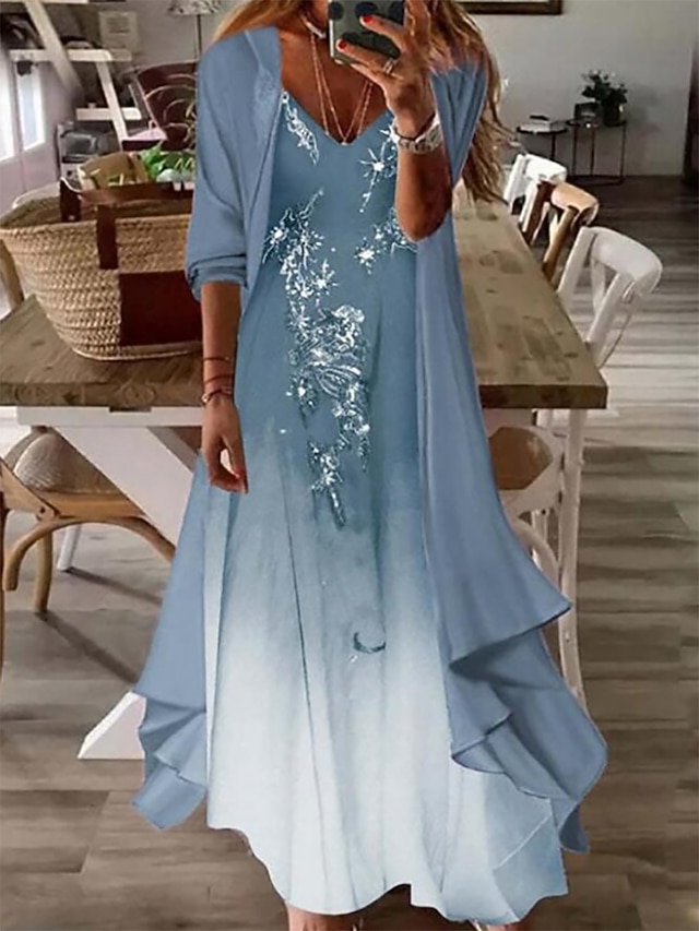  Femme Robe Ensemble Robe casual Robe imprimée Mode Décontractées Floral Imprimer robe longue Manches 3/4 Col V Extérieur Vacances Rose Claire Bleu Bleu Ciel Eté Printemps Standard