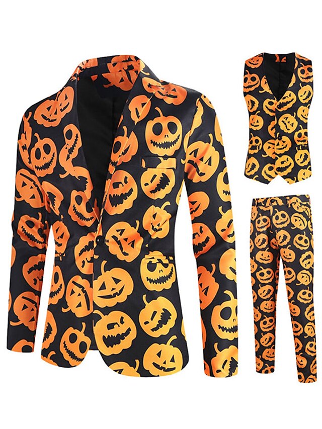 Men‘s Halloween Pumpkin Party Suits 3 Piece Patterned Tailored Fit Single Breasted Onebutton