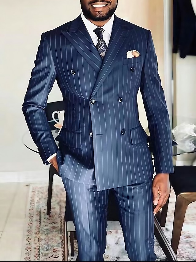 Dark Navy Men's Wedding Pinstripe Suits 2 Piece Tailored Fit Double ...