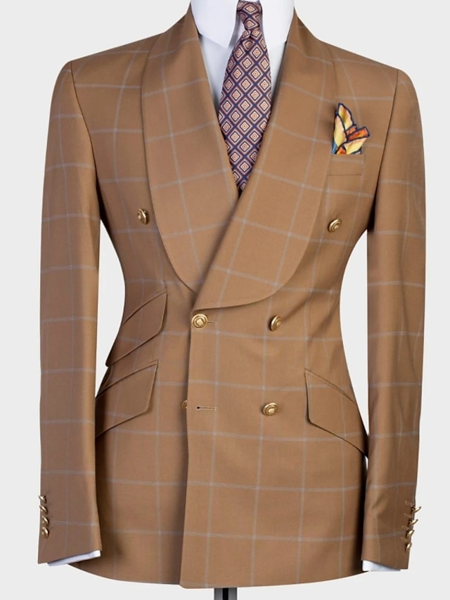  Brown Men's Wedding Suits 2 Piece Plaid Checkered Tailored Fit Double Breasted Four-buttons 2024