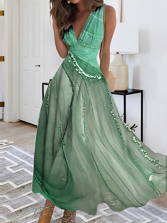  Γυναικεία Φόρεμα σε γραμμή Α Αμάνικο φόρεμα Ombre Μαρμάρινη εκτύπωση Τσέπη Στάμπα Λαιμόκοψη V Μακρύ φόρεμα Καθημερινά Ημερομηνία Αμάνικο Καλοκαίρι Άνοιξη