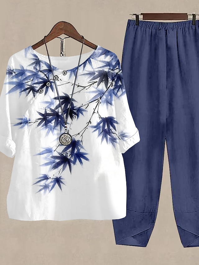  Kvinnors 2 delar grund skjorta byxor set byxor trousers halvärmad rund hals blommigt tryck linne-liknande semester helg armégrön blå lila höst  vinter regular fit