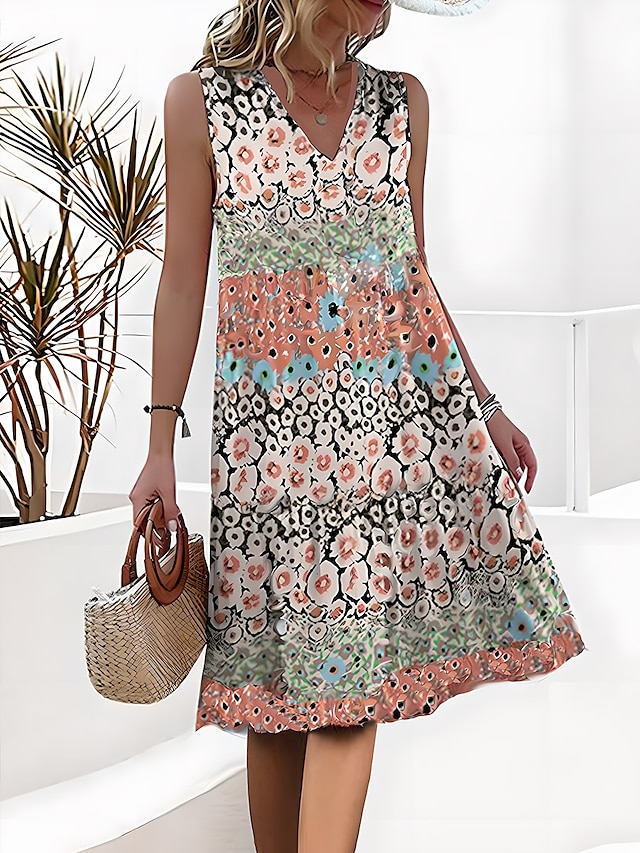  Women's Tank Dress Floral Color Block Print Strap Midi Dress Daily Date Sleeveless Summer Spring