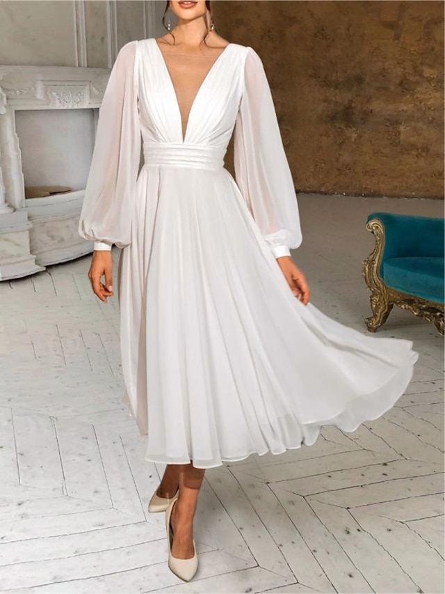 Casual Wedding Dresses Sheath / Column V Neck Long Sleeve Ankle Length ...