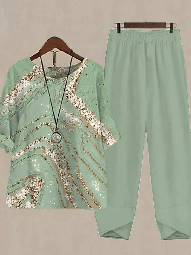 Women's 2 Pieces Daily Basic Shirt Pants Sets Pants Trousers Round Neck Graphic Print Holiday Weekend Pink Red Blue Fall & Winter Regular Fit 11