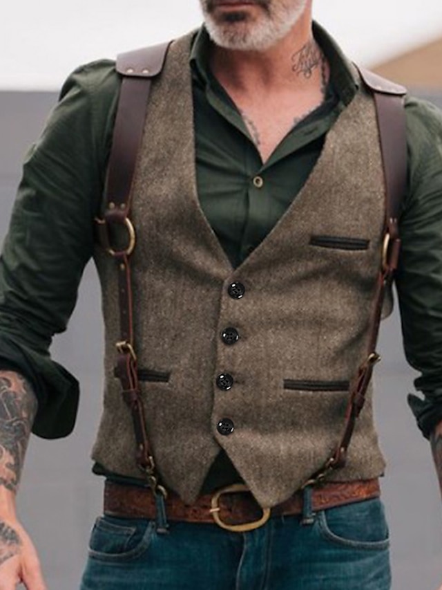  Men's Vest Waistcoat Outdoor Party Evening Camping & Hiking Festival Vintage Casual Polyester Solid Colored Single Breasted One-button V Neck Slim Black Brown Light Grey Vest