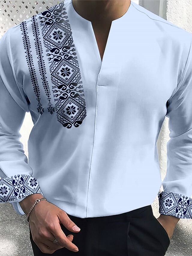  Men's Shirt Floral Vintage Geometry Totem V Neck White Blue Green Khaki Light Blue Outdoor Street Long Sleeve Print Clothing Apparel Fashion Streetwear Designer Casual