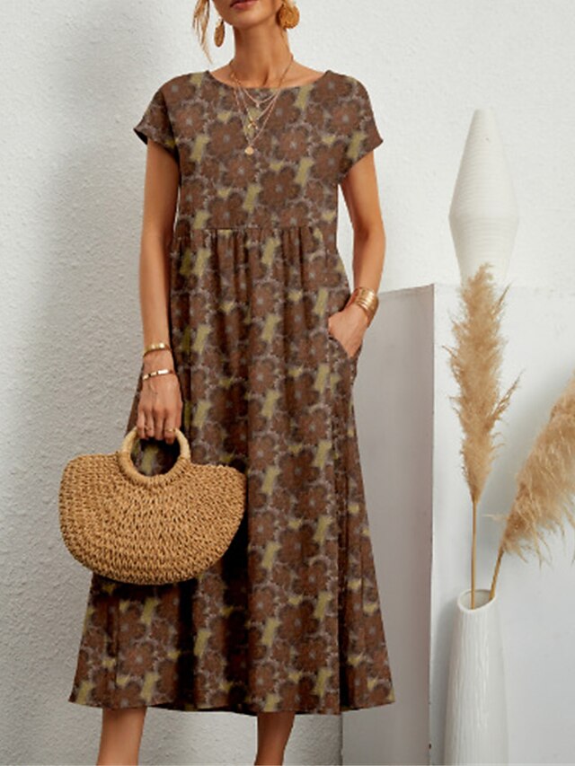Femme Robe casual Robe Maxi Poche Imprimer D?�contract?�es du quotidien Vacances Col Ras du Cou 