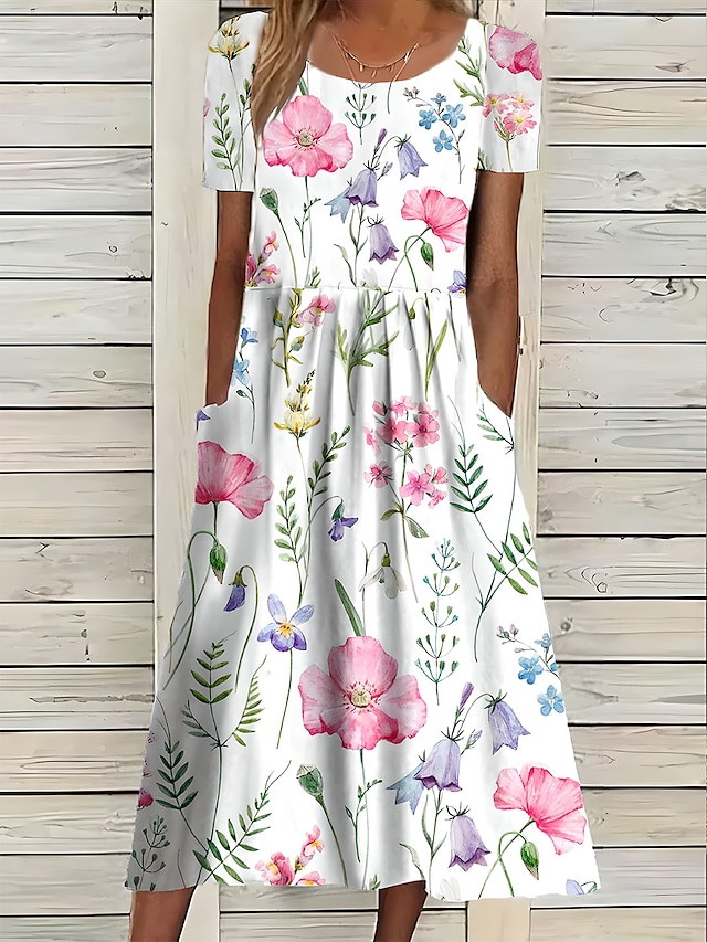 Elegant Spring Flowers Printed Crew-Neck Button Short Sleeve Loose Midi Dress main image 1