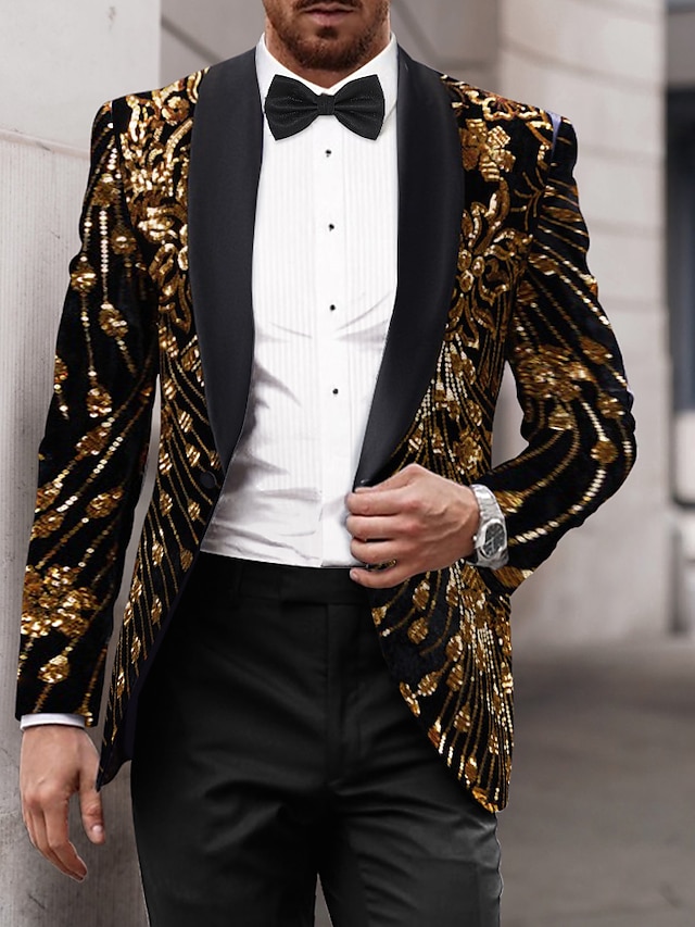  mænds fest pailletter blazerjakke sparkle smoking guld sort gotisk outfit enkeltradet en-knaps 2024