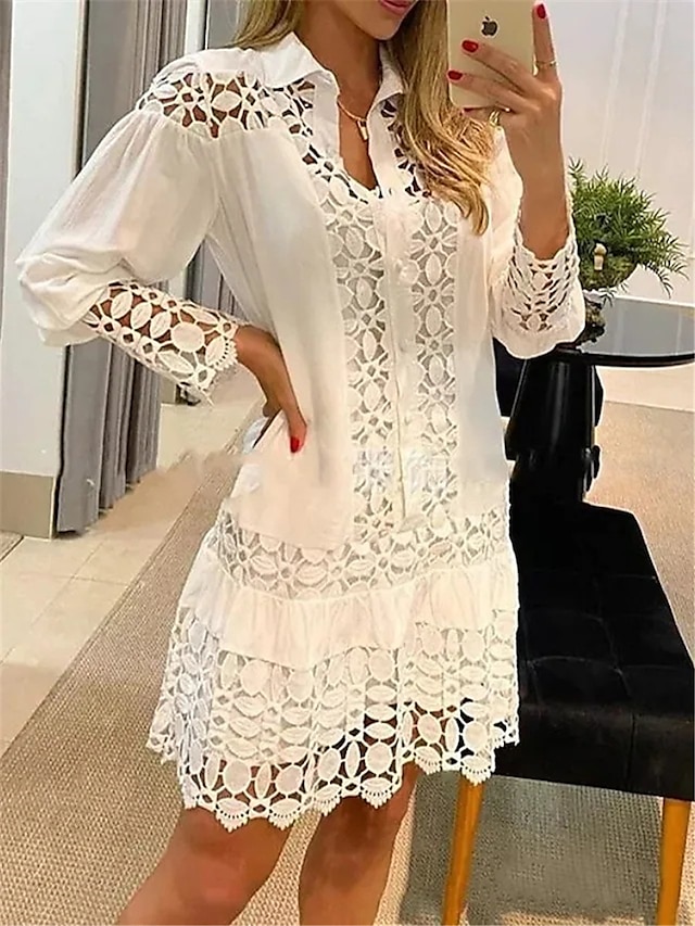  Women's Shirt Dress Casual Dress Cotton Linen Dress Mini Dress Polyester Lace Basic Classic Outdoor Daily Vacation Shirt Collar Contrast Lace Lace Long Sleeve Summer Spring Fall 2023 Loose Fit White