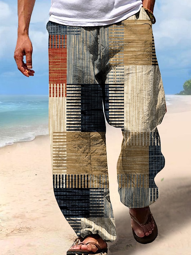  男性用 ズボン サマーパンツ ビーチパンツ ドローストリング 弾性ウエスト 3Dプリント 縞 グラフィック ジオメトリ 履き心地よい カジュアル 日常 祝日 ストリートファッション ハワイアン イエロー ブルー