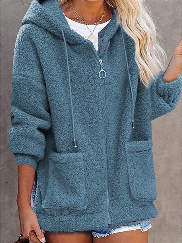  Women's Teddy Coat Fall Sherpa Jacket Street Winter Short Coat with Hood Vacation Going out  Warm Stylish Daily Casual Jacket Long Sleeve Plain with Pockets Black Blue Army Green