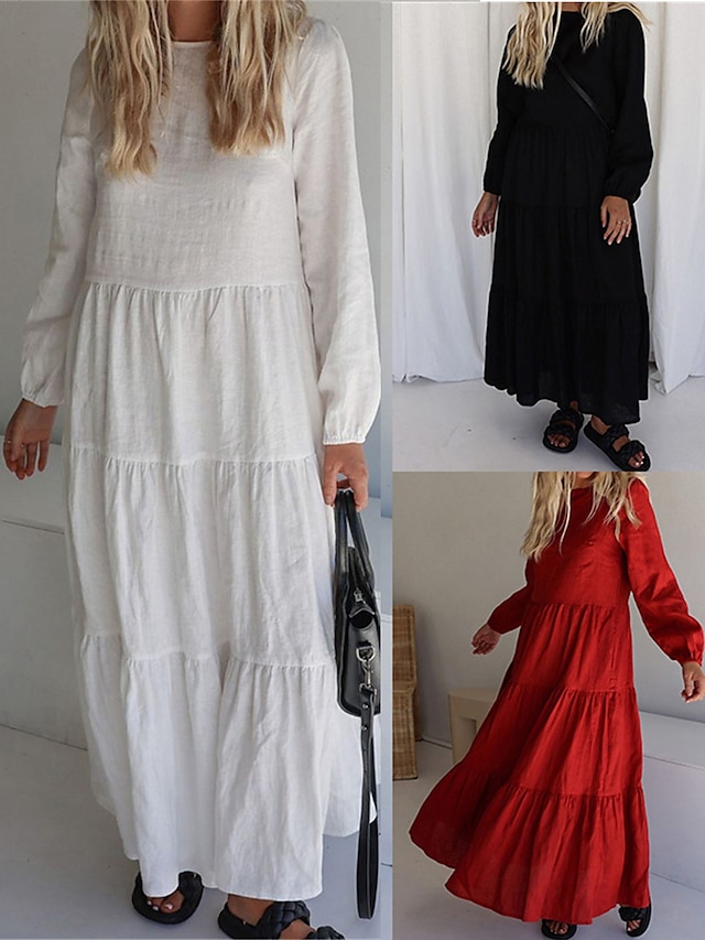  Women's White Dress Casual Dress Cotton Linen Dress Maxi long Dress Ruched Ruffle Casual Daily Vacation Crew Neck Long Sleeve Summer Spring Fall Black White Plain