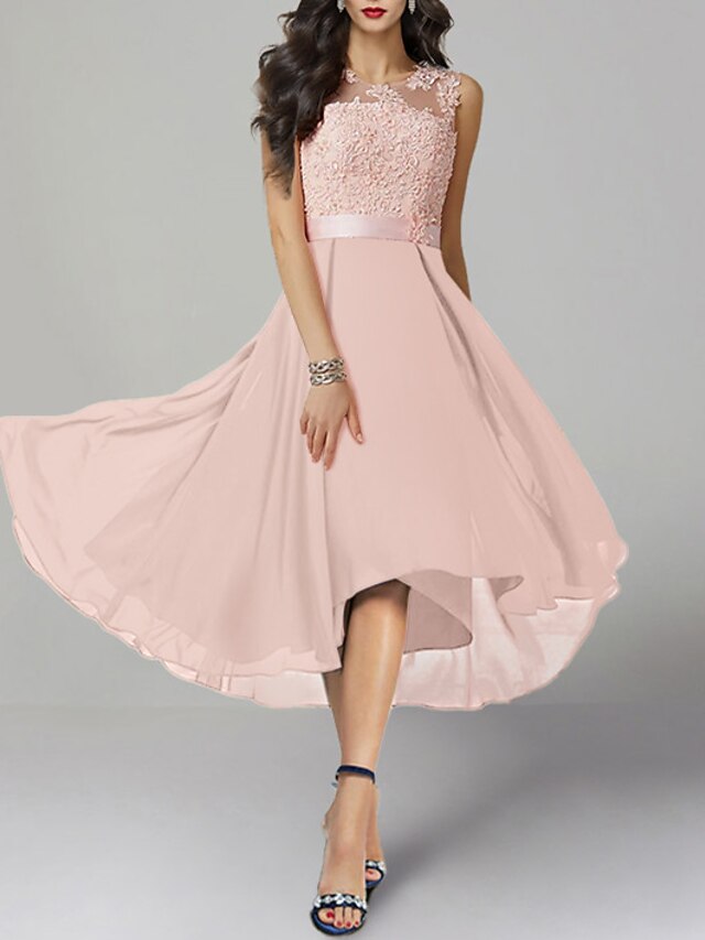 A-Line Prom Dresses Floral Dress Engagement Tea Length Sleeveless Jewel Neck Chiffon with Lace Insert Appliques main image 0