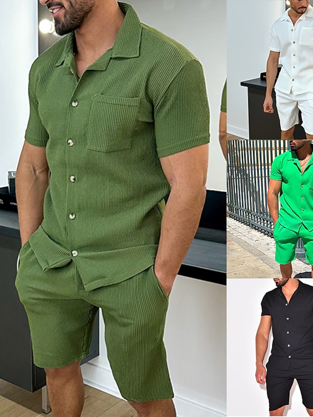  Men's 2 Piece Shirt Set Button Up Shirt Casual Shirt Summer Shirt Black White Green Army Green Short Sleeve Plain Camp Collar Daily Vacation Front Pocket Clothing Apparel Fashion Casual Comfortable