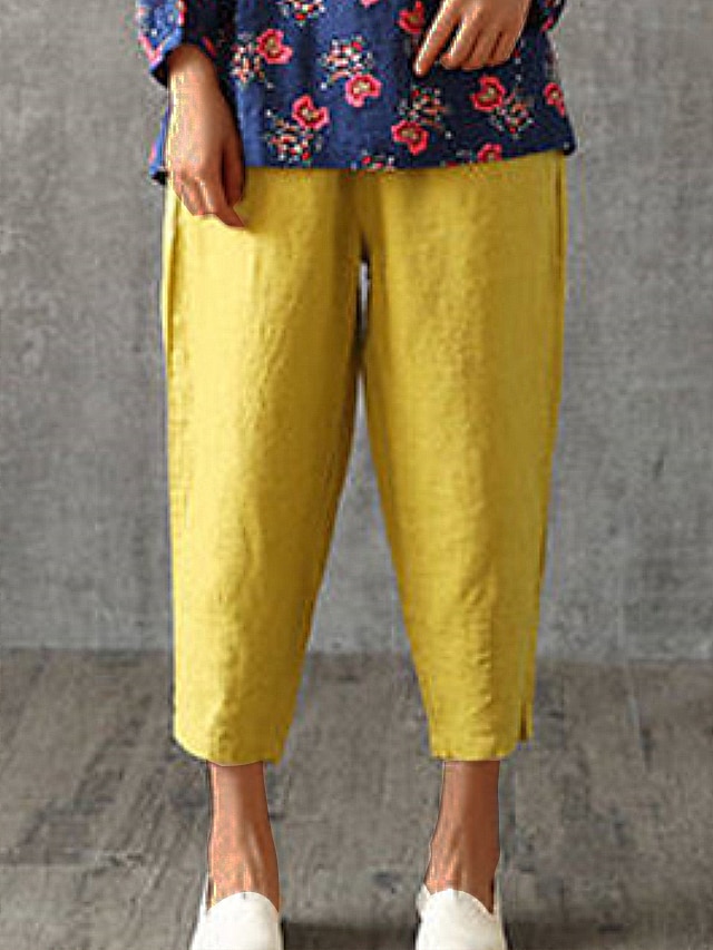  Women's Linen Pants Linen Cotton Blend Plain Orange red Black Fashion Mid Waist Full Length Daily Daily Wear Summer Spring