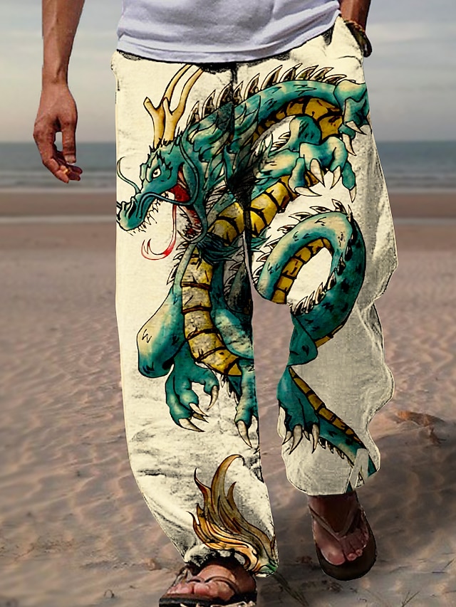  дракон пляжные брюки мужские с графикой | летний ежедневный отдых черный | Брюки с кулиской, эластичной резинкой на талии, 3D принтом, с животным принтом, удобная повседневная уличная одежда