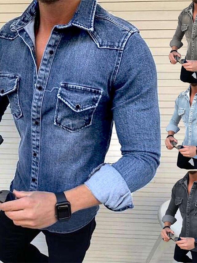  男性用 デミンシャツ 純色 折襟 ブルー ネービーブルー ライトブルー グレー ブラック ストリート 日常 長袖 ボタンダウン 衣類 デニム カジュアル 快適 ポケット