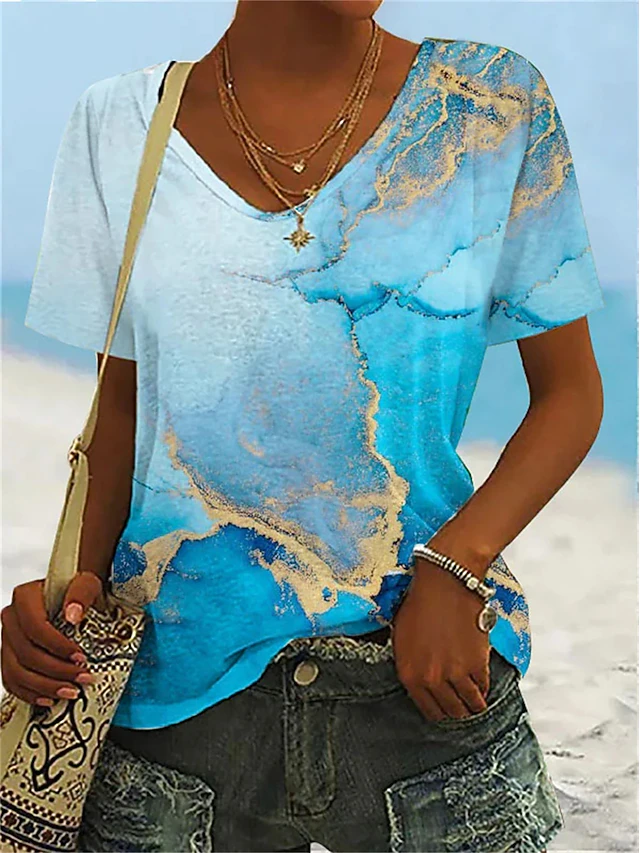 Women's T Shirt Basic Neon & Bright Abstract Print Short Sleeve Regular Tops V Neck Daily Weekend Yellow Blue Gold Light Blue 15